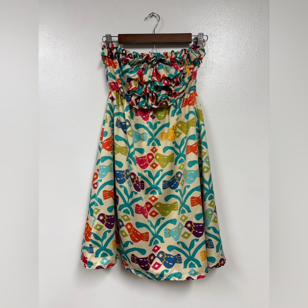 Judith March Anthropologie Strapless Love Birds Print Halter Dress M